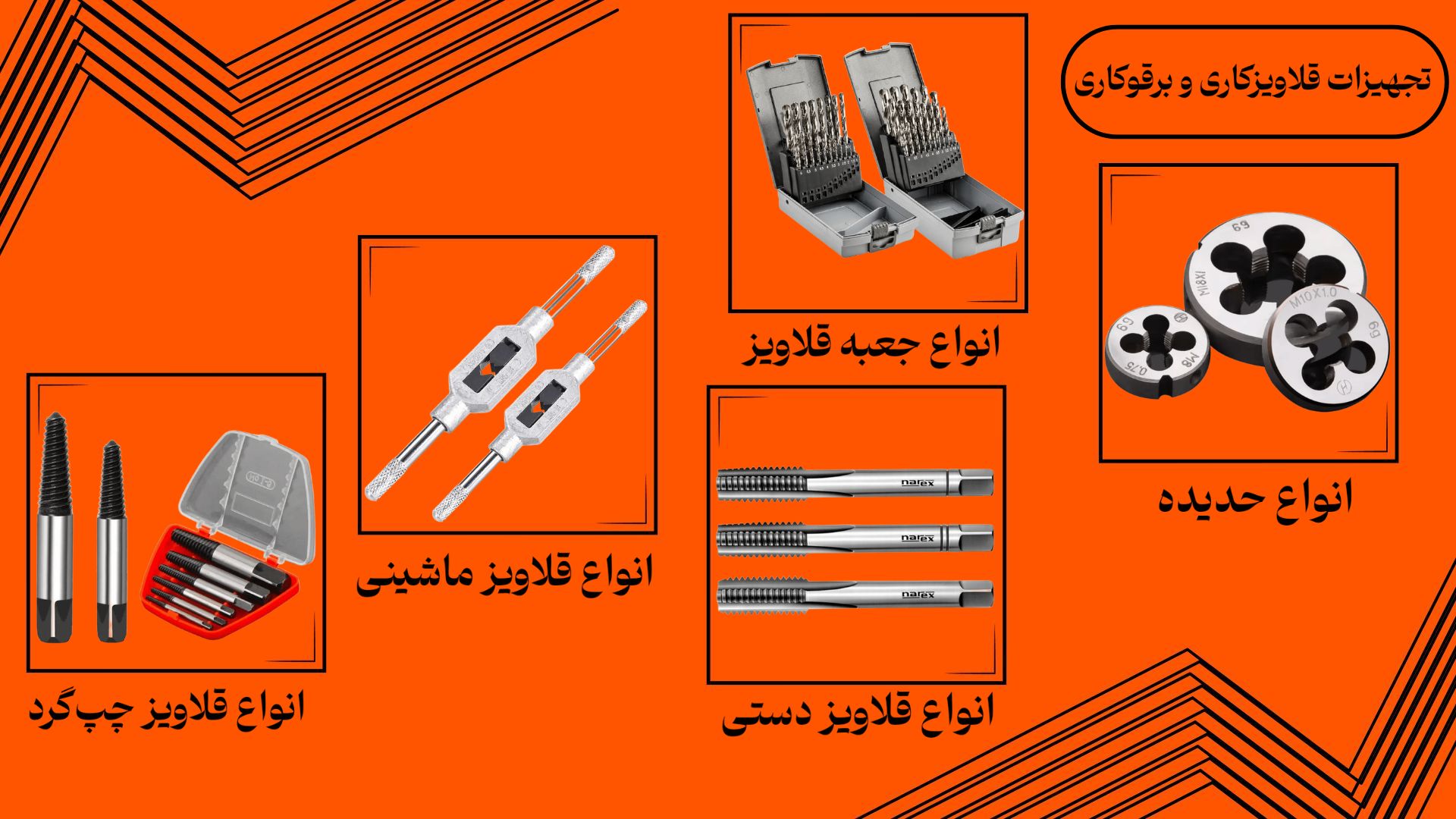 تصویری از انواع تجهیزات قلاویزکاری و برقوکاری